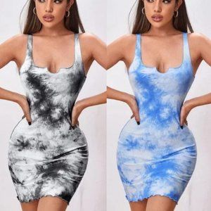 Notch Neck Tie Dye Ribbed Bodycon Dress Size Large Bundle of 2 Black and Blue